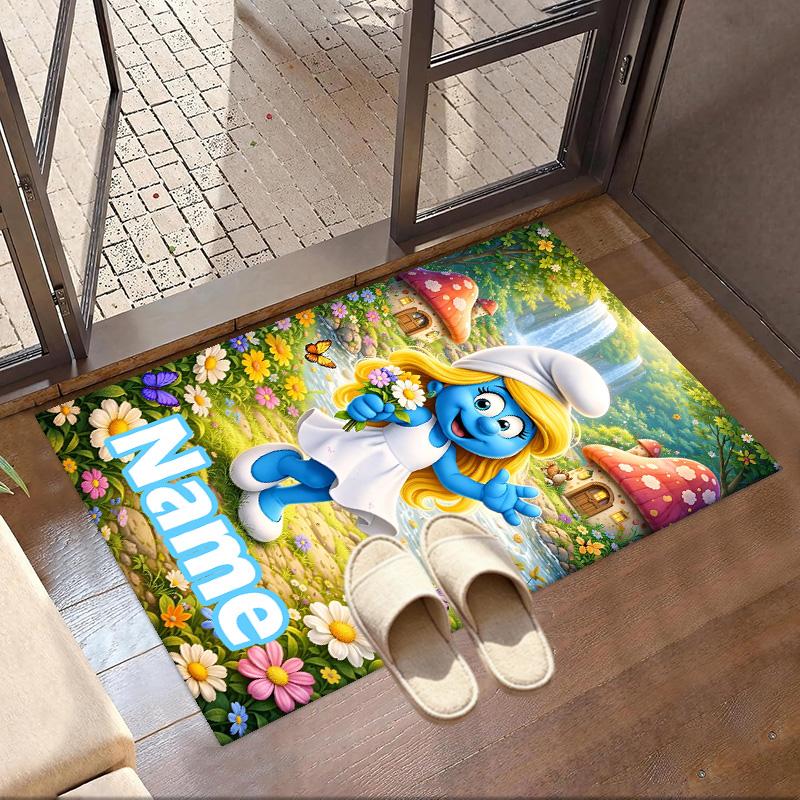 Custom Name Personalized Blue Smurfs Print Carpet, Versatile Home Decor Rug, for Playroom, Apartment, Balcony, Entryway, Hallway Gift