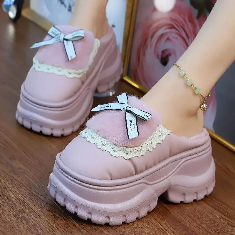Fashion Winter Furry Women Waterproof Mules  Cotton Slippers Girl Bow Tied Furry Slippers Home Platform Warm   Slippers Ladies