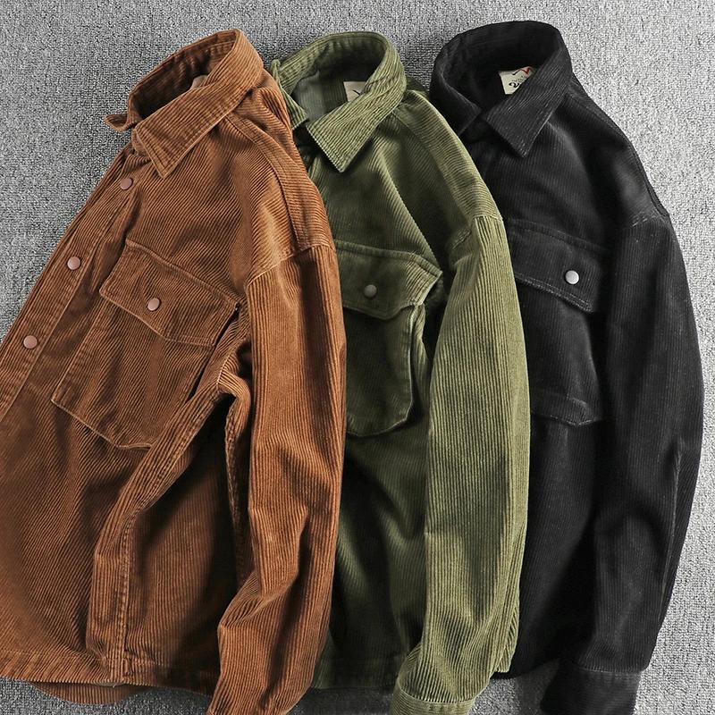 Herren Winter Vintage Einfaches Cordhemd Einfarbig Langarm Große Tasche Freizeitjacke