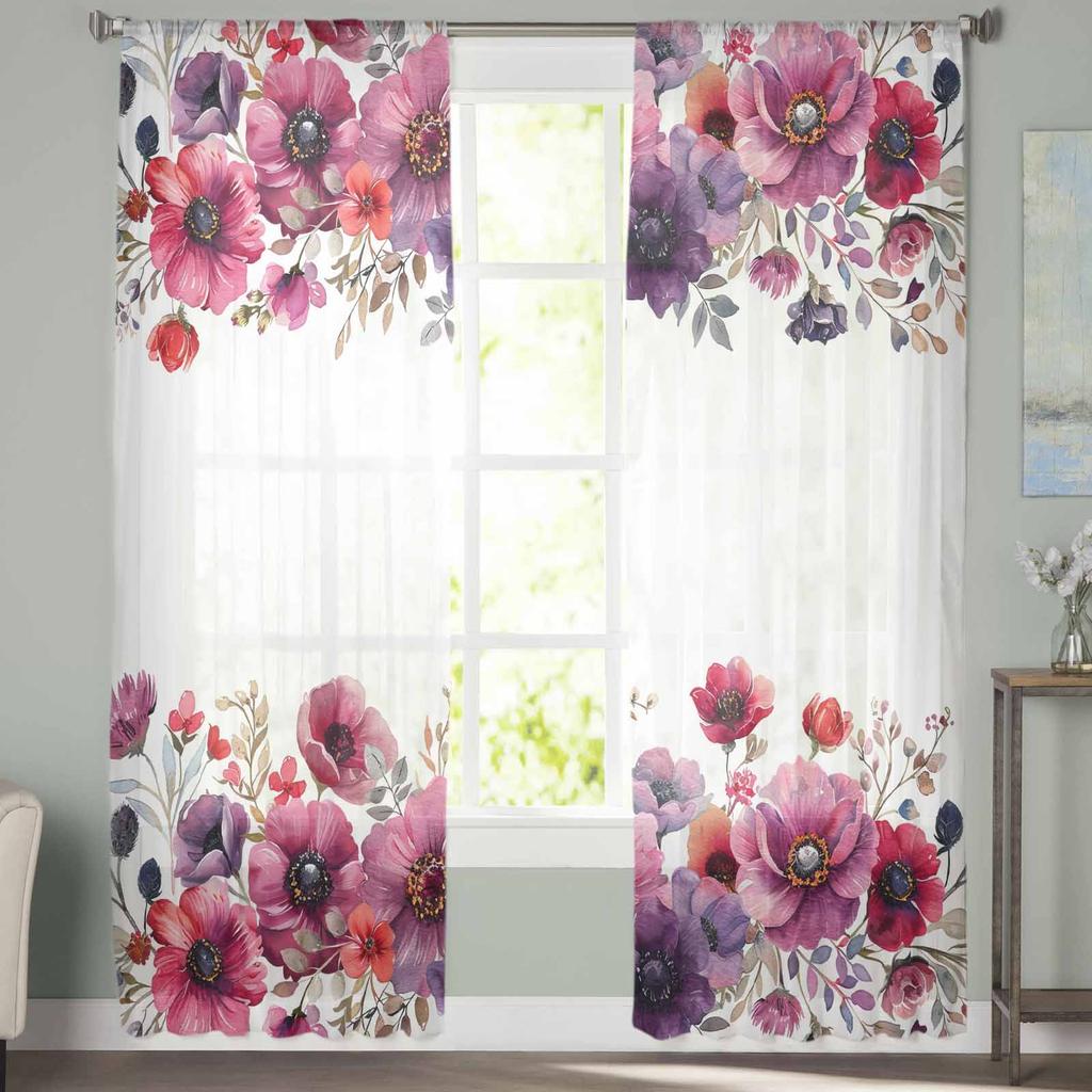 Flowers Leaves Watercolor Sheer Curtains Modern Gauze Curtain for Living Room Bedroom Voile Yarn Curtains