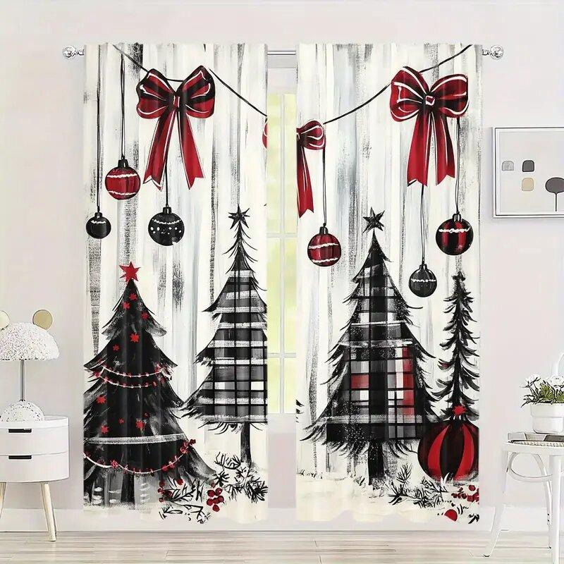 Set Of 2 Christmas Tree Holly Geometric Print Curtains Pole Bag Home Decoration Room Curtain Polyester