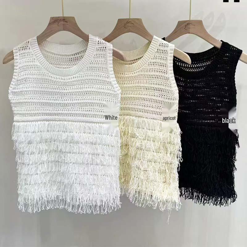 

Женский летний трикотажный топ без рукавов с вырезом, кисточкой и круглым вырезом. Large чёрный