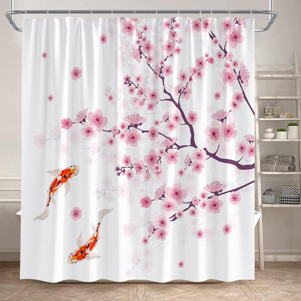 Japanese Style Floral Shower Curtain Pink Cherry Blossom Koi Fish Sea Waves Abstract Mountain Scenery Bathroom Curtain Decor Set