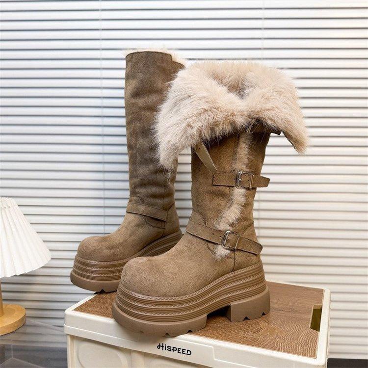 Retro Long Tube Two Wear Martin Boots Thick-soled Velvet Snow Boots Thin Buckle Knight Boots
