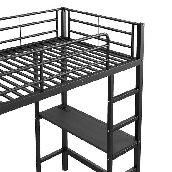 Metal Bed Loft Bed 90x200cm No Mattress with Desk Socket And USB Children Multiple Shelves Open Storage Cabinet Railing Ladder Iron