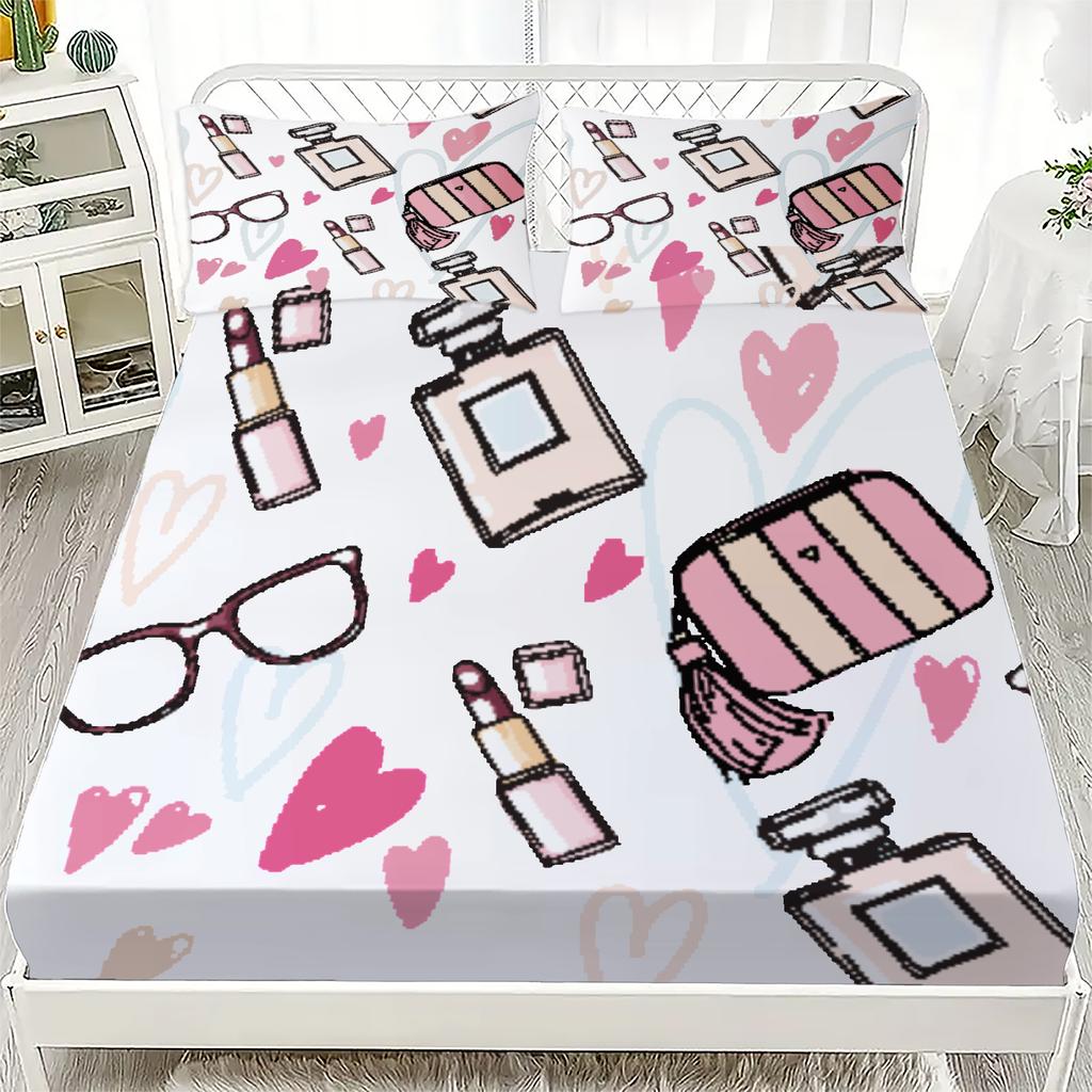 3pcs Fitted Sheet Set For Girls Room Decor Doodle Lipstick Perfume Glasses Hearts Makeup Printed Flat Sheet With 2 Pillowcases