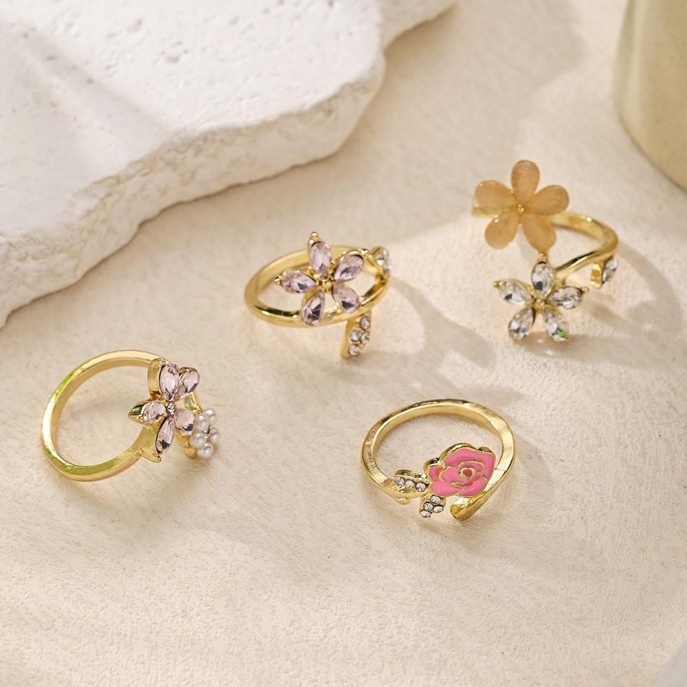 4 pcs Simple Rhinestone Flower Rings Light Luxury Finger Jewelry Fashion Opening Finger Ring  Girls