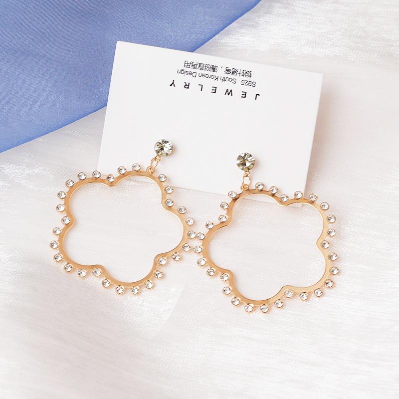 

Crystal Flower Pendants Women Hanging Earrings Gold Color Metal Side Full Rhinestone Female Ear Zircon Christmas Party Gift
