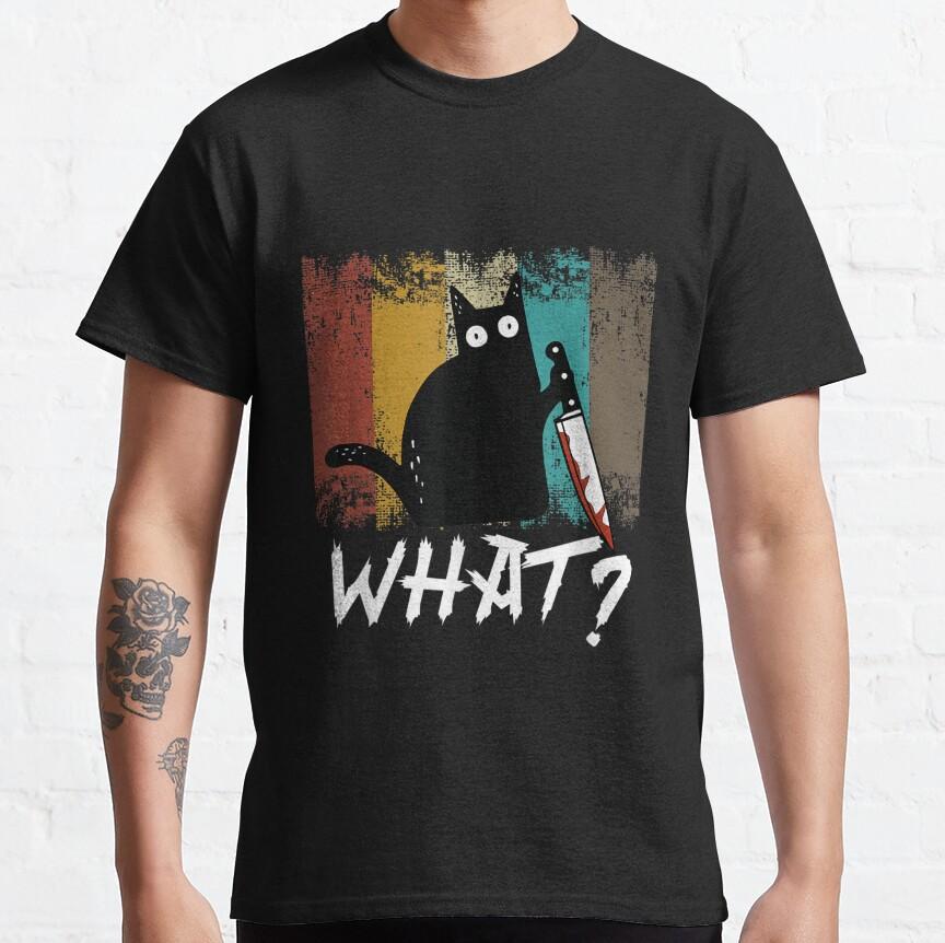 Cat What Funny Black Cat Murderous Cat with Knife Gift t shirt for Cat Lover 100 cotton Graphic tee Short Sleeve clothes