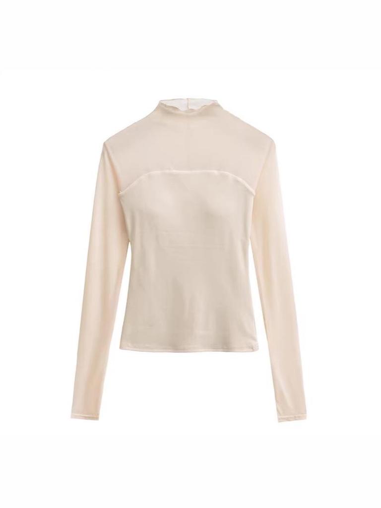 Women's Chic Sheer Mesh Spliced Long Sleeve T-shirt: Elegant Slim-fit, Sexy Base Layer Top
