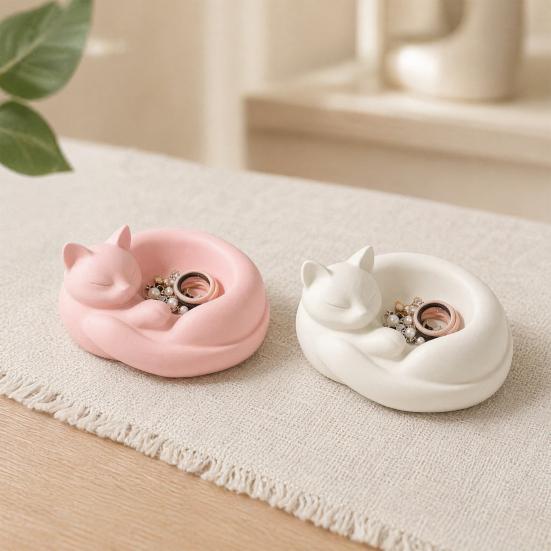3D Printed Curled Sleeping Cat Planter Multi-Functional Figurine with Bowl-Holding & Ring Tail