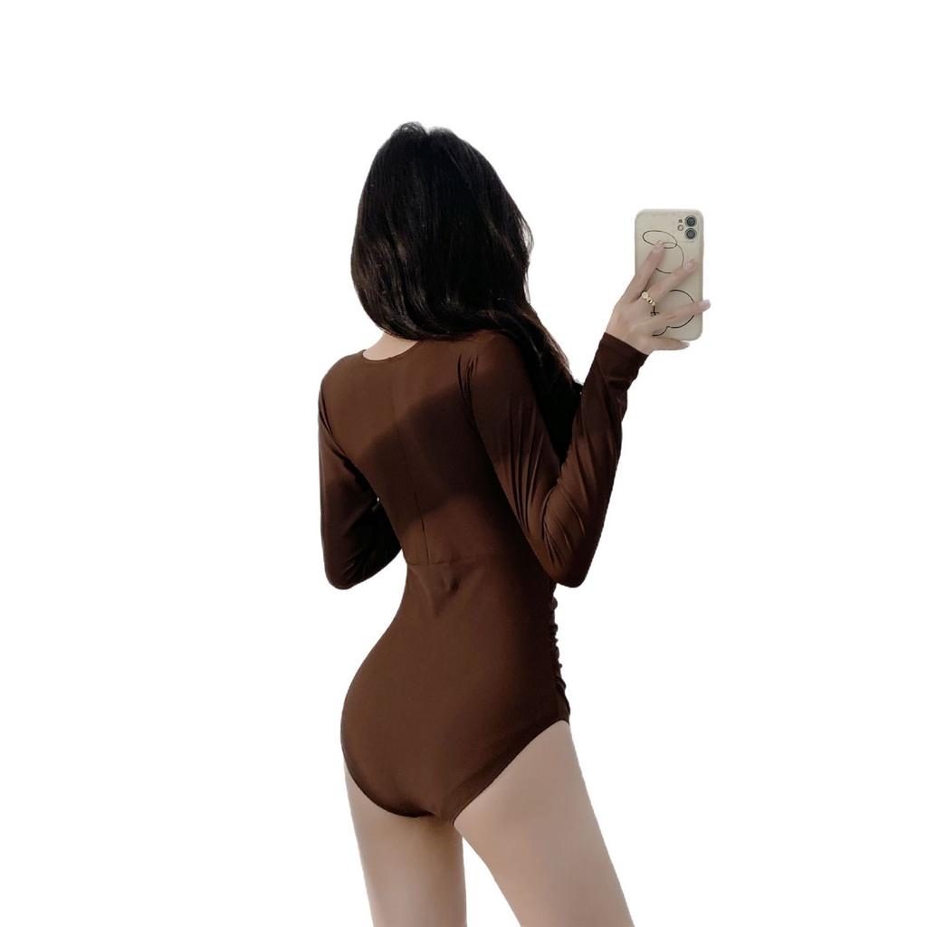 ins style swimsuit sexy deep V cover belly thin long sleeves conservative solid color simple one-piece swimsuit hot spring