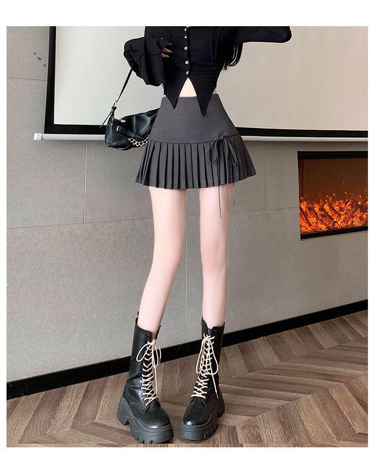 Women's College Style Black Lace-Up Pleated A-Line Skirt - High-Waisted, Slim Fit, Petite, Spring/Summer 2025