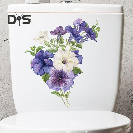 Petunien-Blumen-Toilettenaufkleber, abnehmbar, selbstklebend, wasserdicht, PVC, Wohnzimmer, Badezimmer, Wandkunst, Blumen-Toilettendeckel-Dekoration, Aufkleber