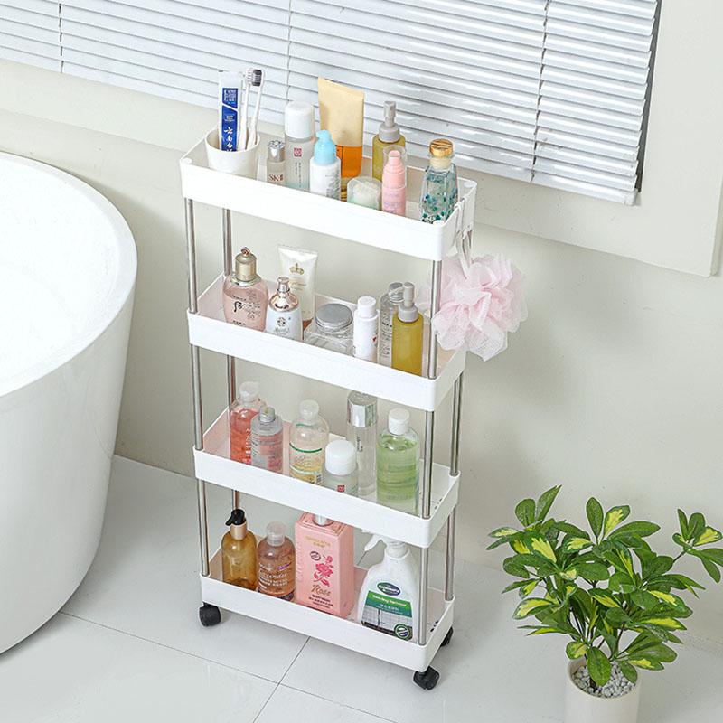 

4 Tier Narrow Type PP+Stainless Steel Bathroom Storage Rack with Wheels Rolling Organizer Shelf White