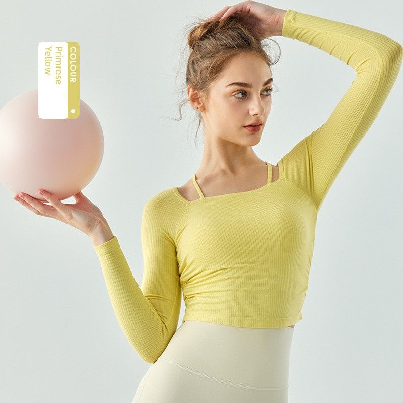 

Lu Same Одежда для йоги для женщин 2025 Новое поступление Полуфиксированная чашка Бретели-спагетти Спортивная футболка Silm Одежда для фитнеса Длинные рукава Primrose Yellow L