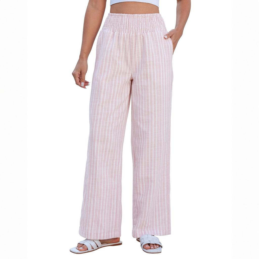 Ladies' Casual And Fashionable High Waist Wide Leg Striped Linen Pants