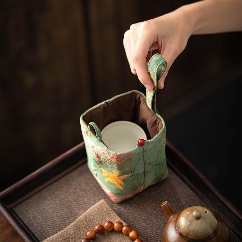 Chinese Style Teacup Drawstring Cloth Pouch Breakage-proof Print Small Item Pouch Portable Multifunctional Teaware Storage Bag