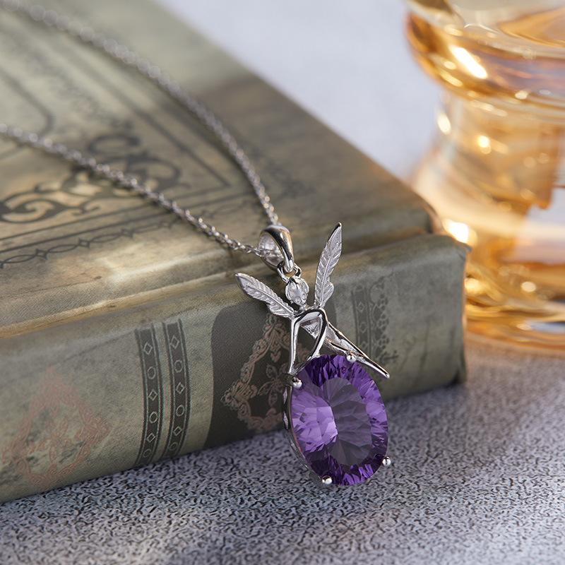 S925 Sterling Silver Inlaid Natural Colored Treasure Amethyst Pendant Angel Necklace Women'S Earrings