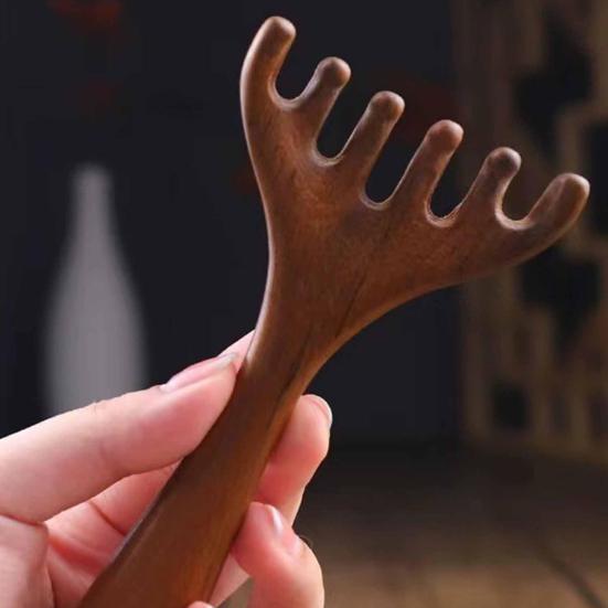 Deer Antlers Meridian Massage Comb with Storage Bag Long Handle Sandalwood Scalp Massager Comb Six-Claw Wide Tooth Body Massage Guasha Scrubber Tool