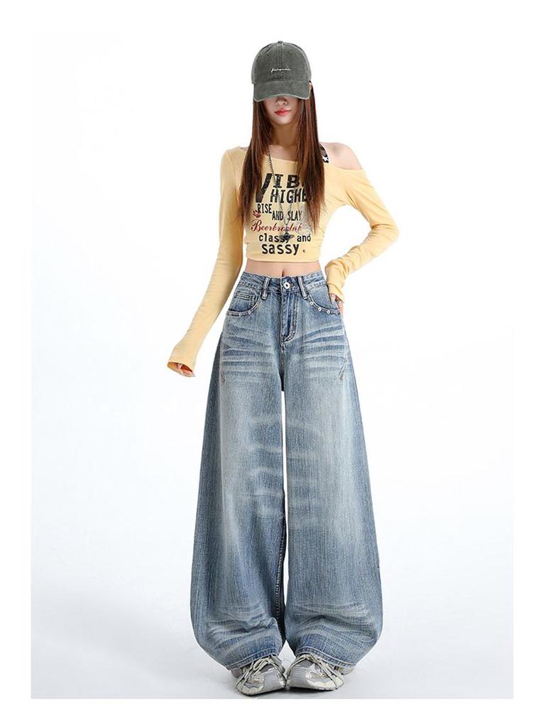 Women's Personalized Bamboo Pattern Light Blue Wide Leg Jeans - Trendy, Slimming, Loose Fit for Spring/Summer