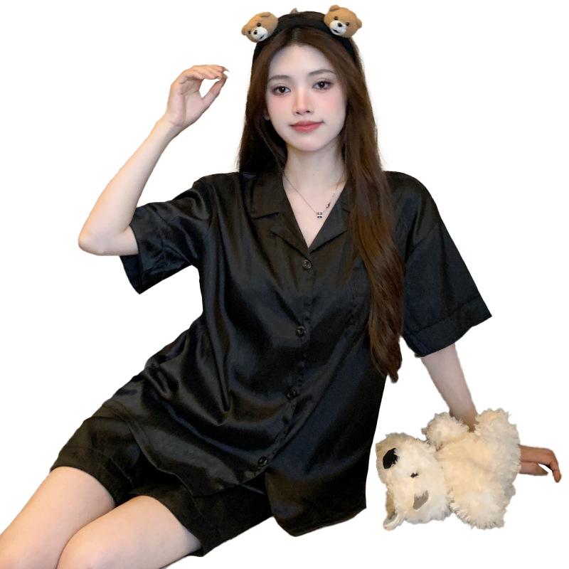 Elegant Temperament Black Imitation Silk Short-Sleeved Shorts Pajamas Women Can Wear Casual Loungewear
