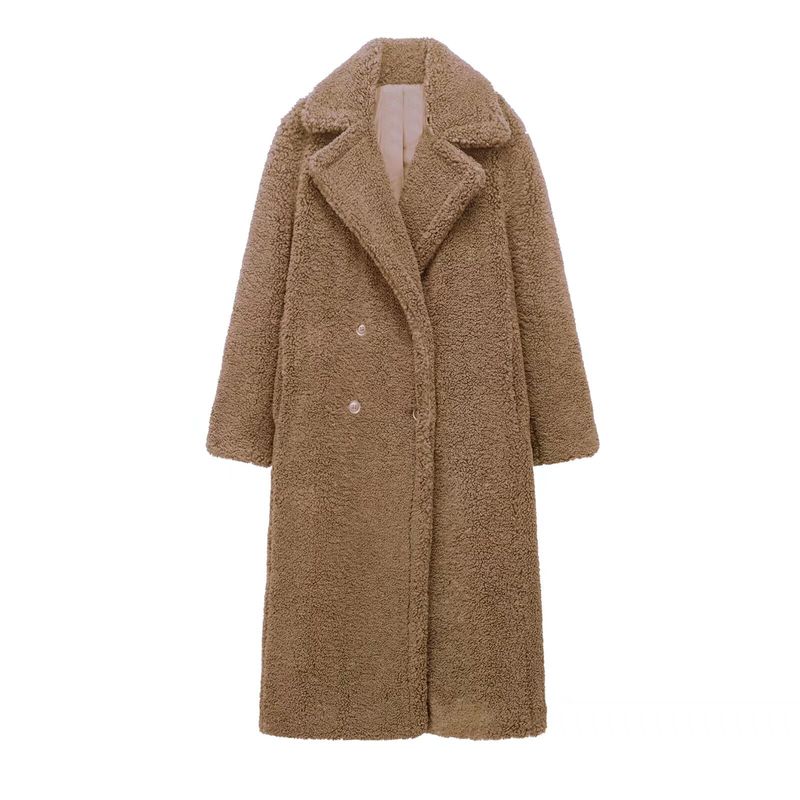 

Fall and Winter New Arrival Women s Lapel Long Sleeves Double Breasted Lamb Wool Fleece Long Overcoat Outerwear 1255700 Deep khakis L