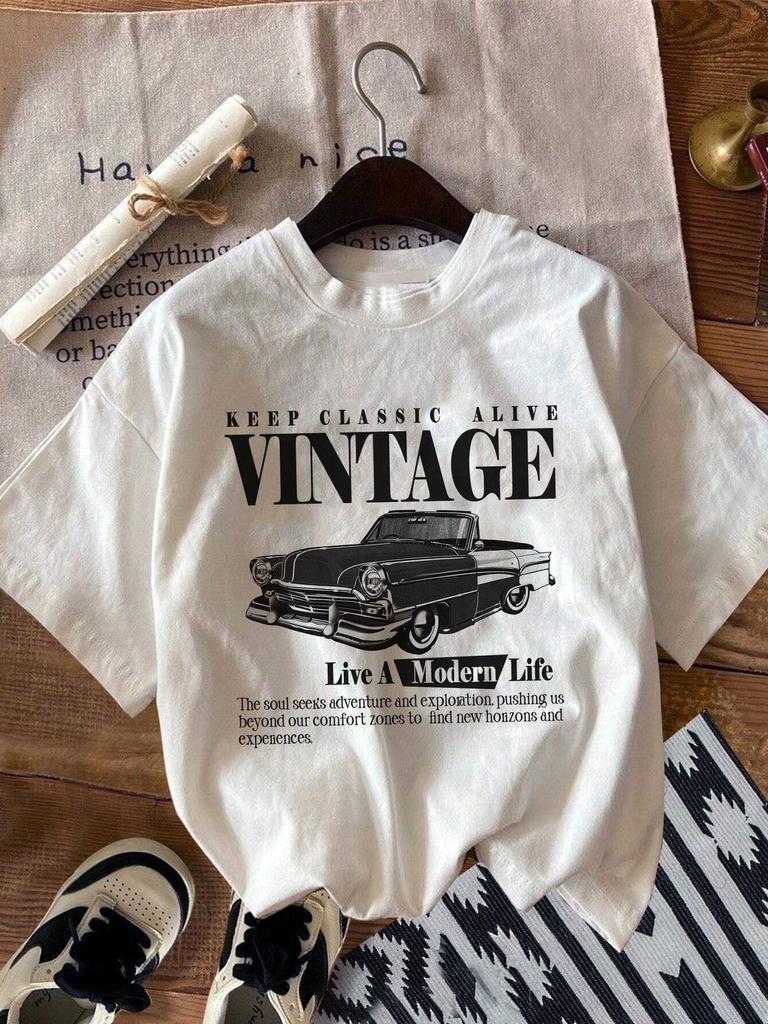 Vintage Car Print Unisex Tshirts Street Breathable Comfortable Short Sleeve Fashion Personality Tops Loose Sports T Shirt Female
