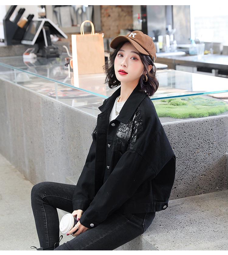 Women's Diamond-Studded Denim Jacket: Stylish, Loose Fit, Mesh-Spliced, Short Top for Early Spring 2022