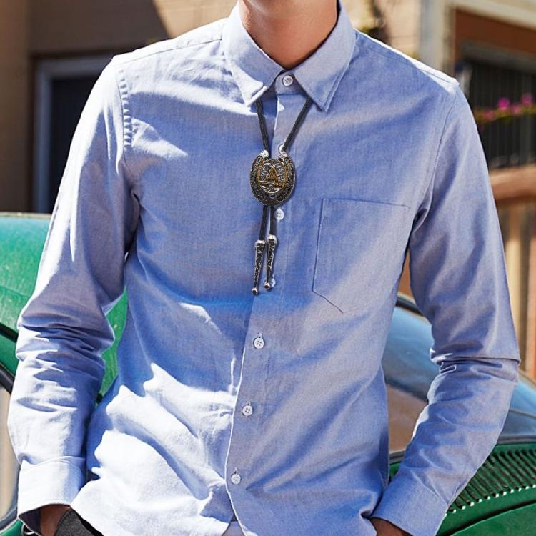 Tribal Faux Leather Rope Bolo Tie Unique Western Necktie Metal Initial Letter Necklace for Men and Womens Party Outfits