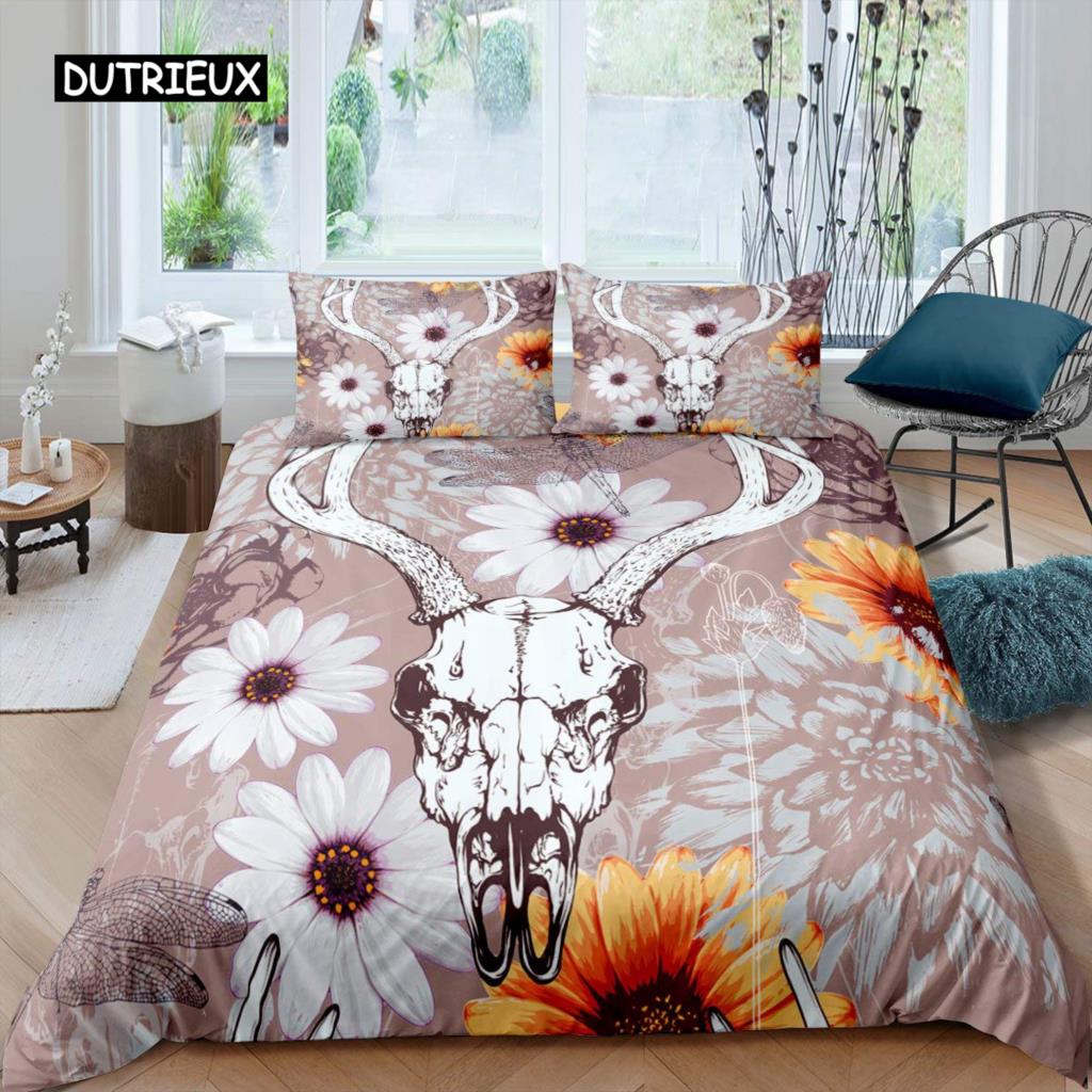 Cow Skull Bed Cover Queen Size Sunflower Cattle/Bull Skeleton Bed Linen Package Botanical Floral Leaves Boho Tribal Polyester Fabric Quilt Cover