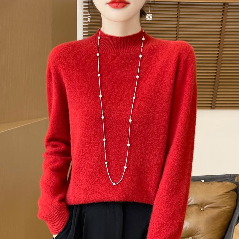 Autumn and Winter Women's Half High Neck Warm Sweater Knitted Pullover Sweater