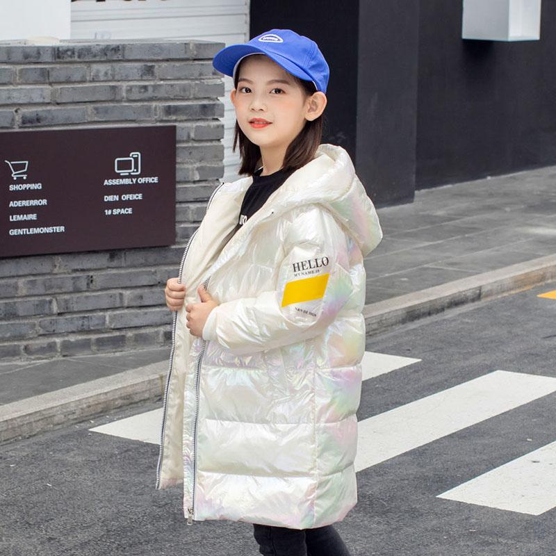 

Пуховик для девочек, красочная зимняя одежда средней длины, толстая блестящая теплая и ветрозащитная куртка с капюшоном 130