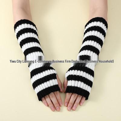 Striped Color-Block Fingerless Long Knitted Arm Warmers for Women
