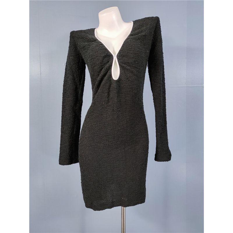 

Export Single H Home Texture Uneven Feel Cotton Capable Work Clothing Ol Black Dress Low-Cut Sexy Design Long Sleeve Skirt Black L