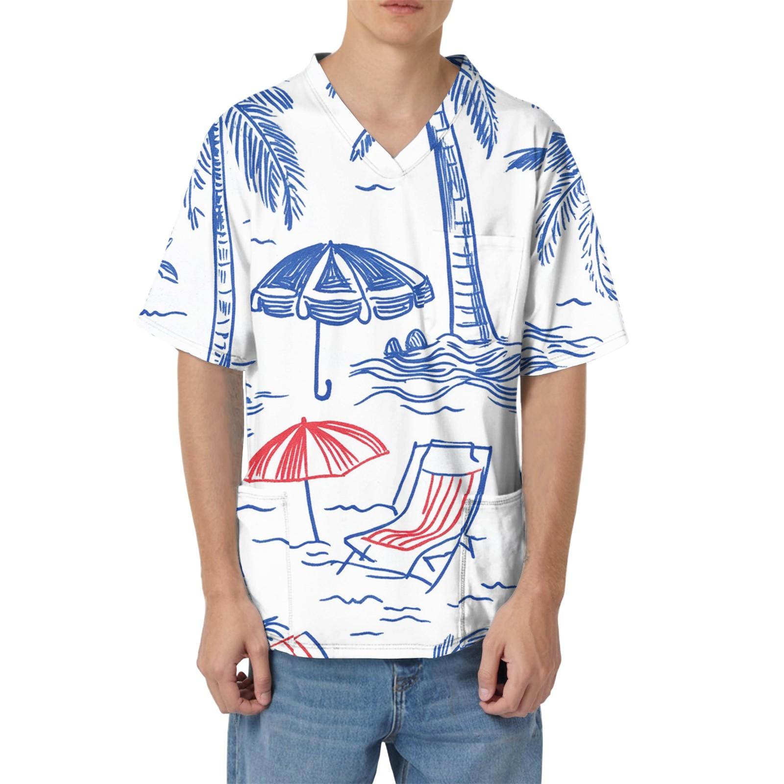 

Мужская рабочая блузка с короткими рукавами и v-образным вырезом с принтом, топ с нагрудным карманом M белый