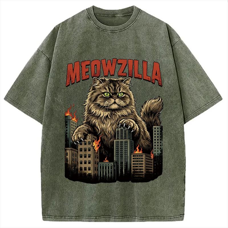 Men's Holiday Fashion Tees Harajuku Cat Attack Printed Washed Acid T-Shirt Unisex Casual Loose Short Sleeve Chic Tunic