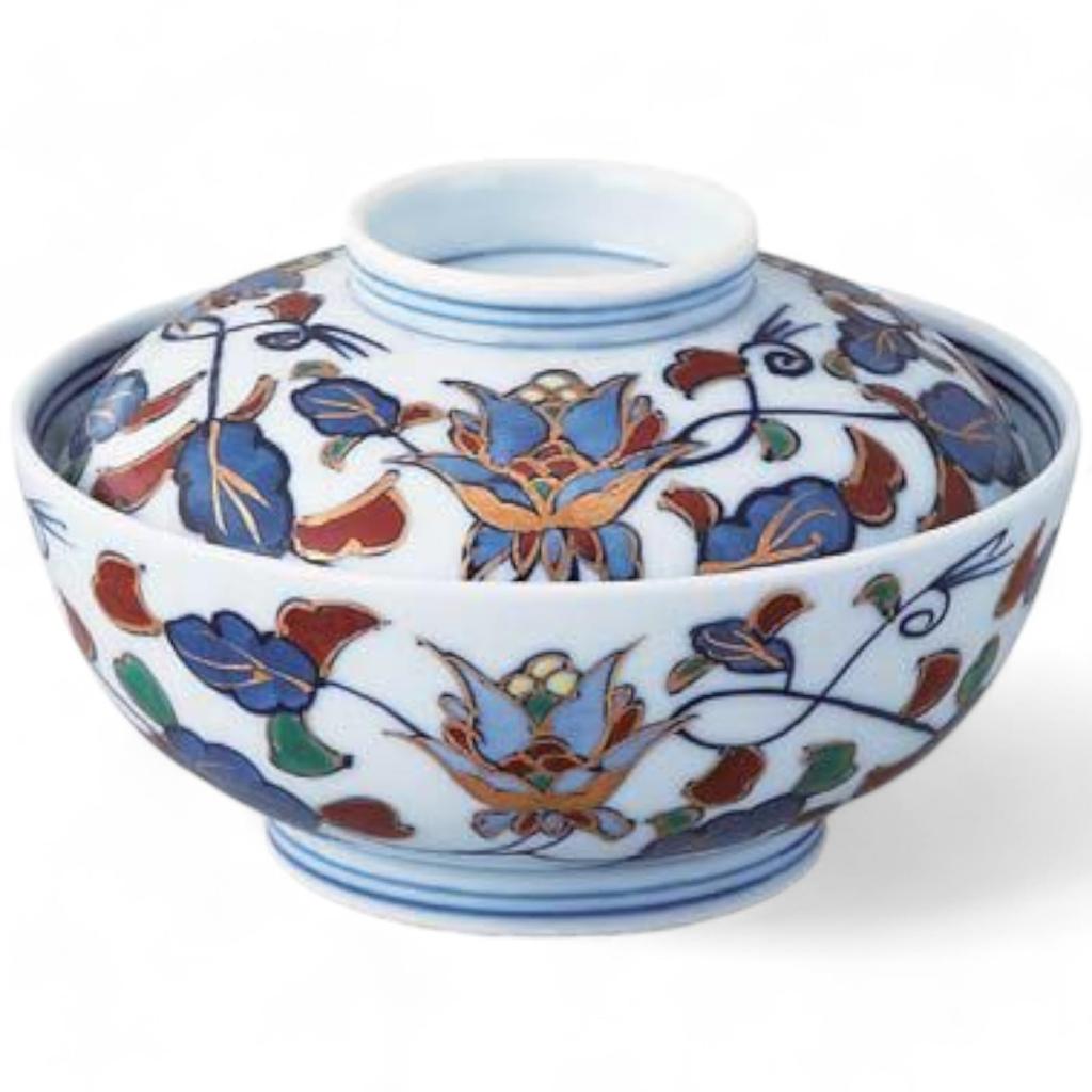 Takumifu Arita Ware 13cm Side Plate with Lid, Dyed Brocade Kabuto and Arabesque Lidded Mukazuke, Made In Japan