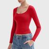 Tops femininos com decote redondo, manga comprida, slim fit, pulôver, cor sólida, elástico alto, ajuste regular, blusa versátil