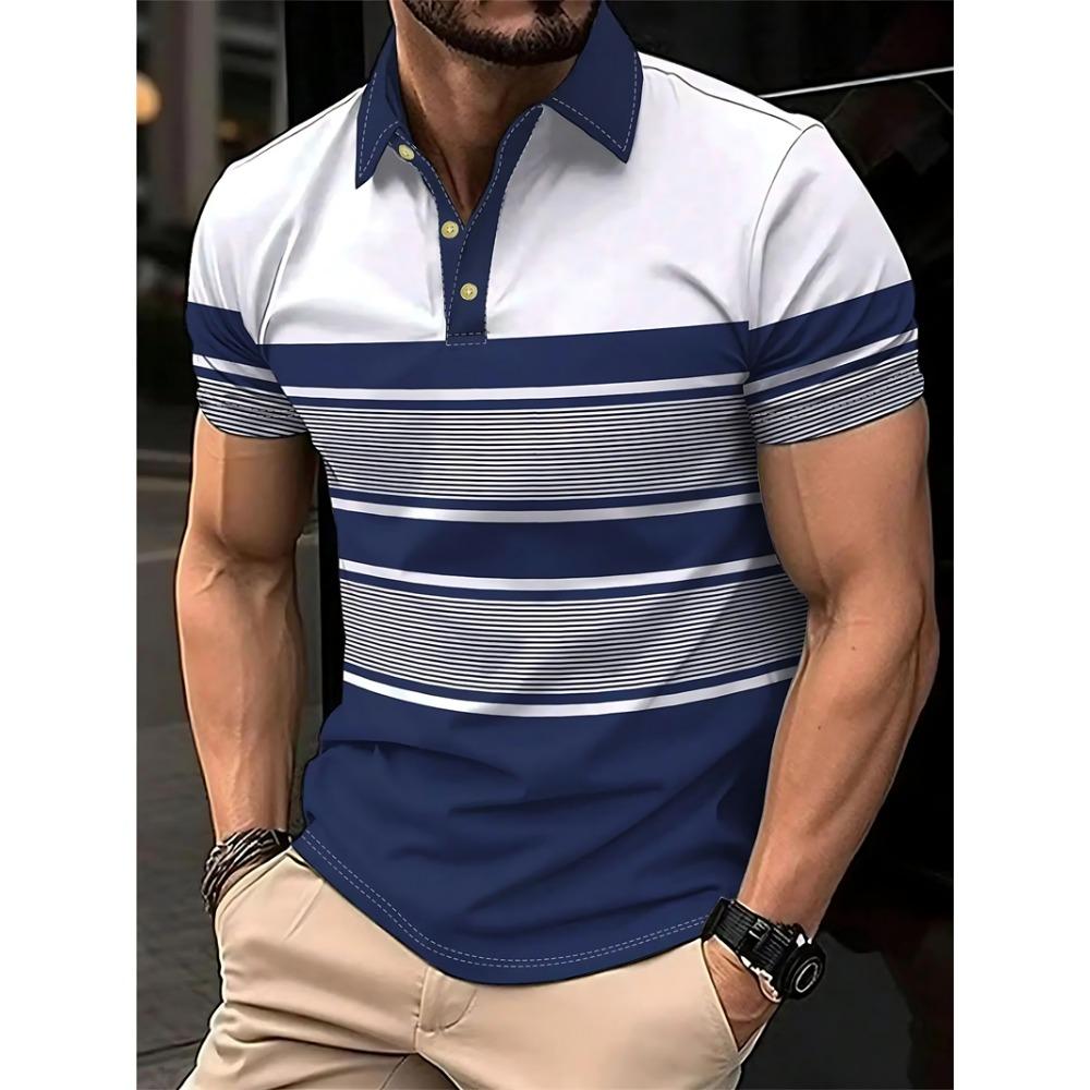 Simple Striped Polo Shirts For Men Summer Casual Short Sleeve 3D Printed Business Polo Shirt Loose Breathable Daily Wear Tees