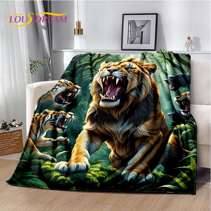 Fierce Tiger Lion Leopard Beast Animal Wildlife Cartoon Blanket,Soft Throw Blanket for Home Bedroom Bed Sofa Picnic Office Cover