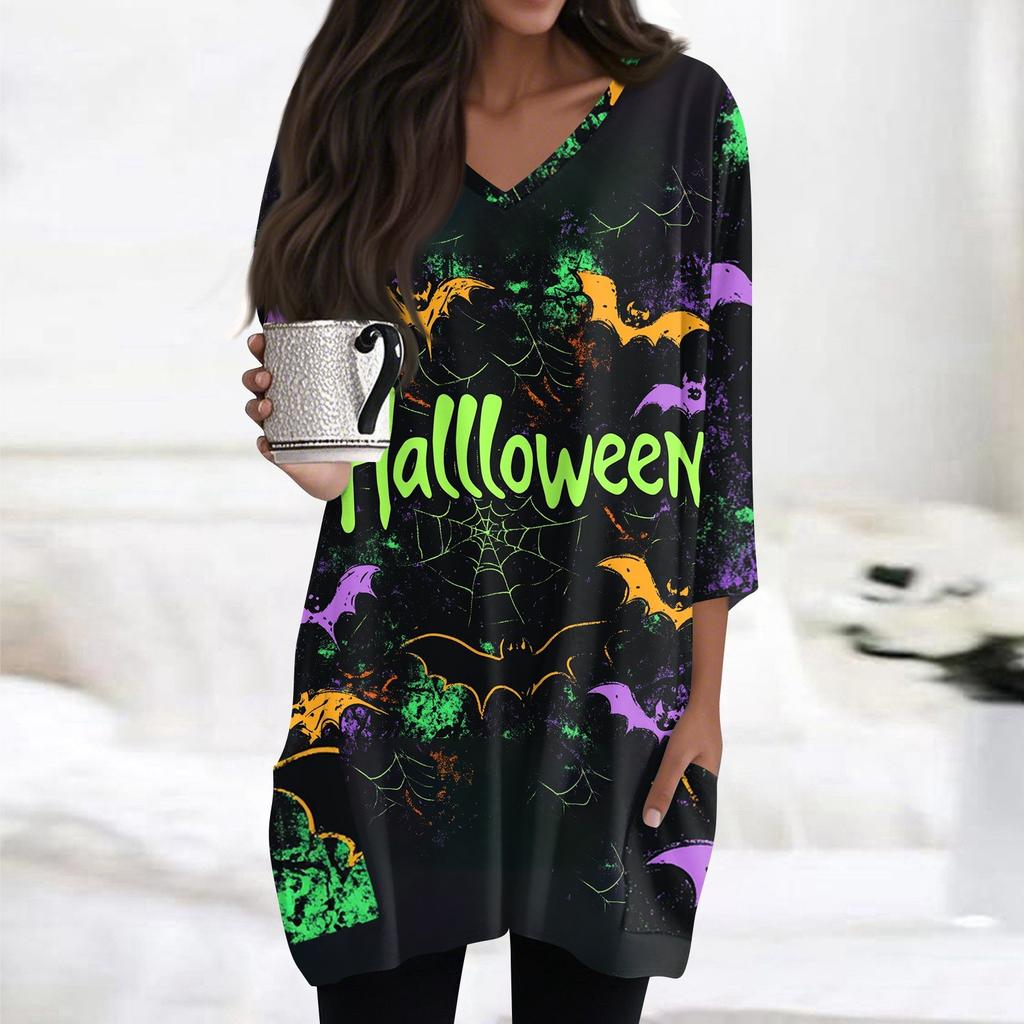 Womens Tops V-neck 3/4 Sleeve Blouses Casual Mid-length Shirts Fashion Halloween Print Tunic Tops With Pockets