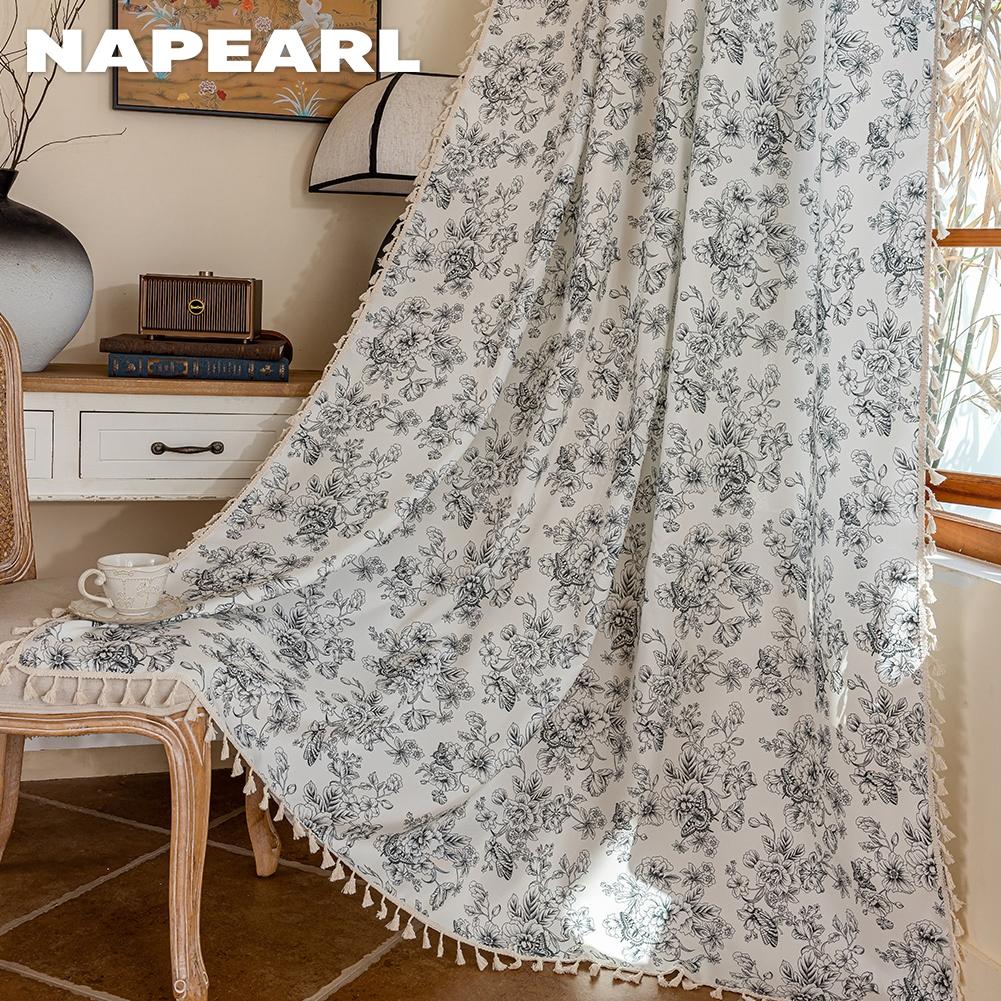 1PC NAPEARL Retro Black and White Floral Curtains with Tassel Edges and Semi Blackout Curtains for Window Kitchen Bedroom Living Room Home Decor