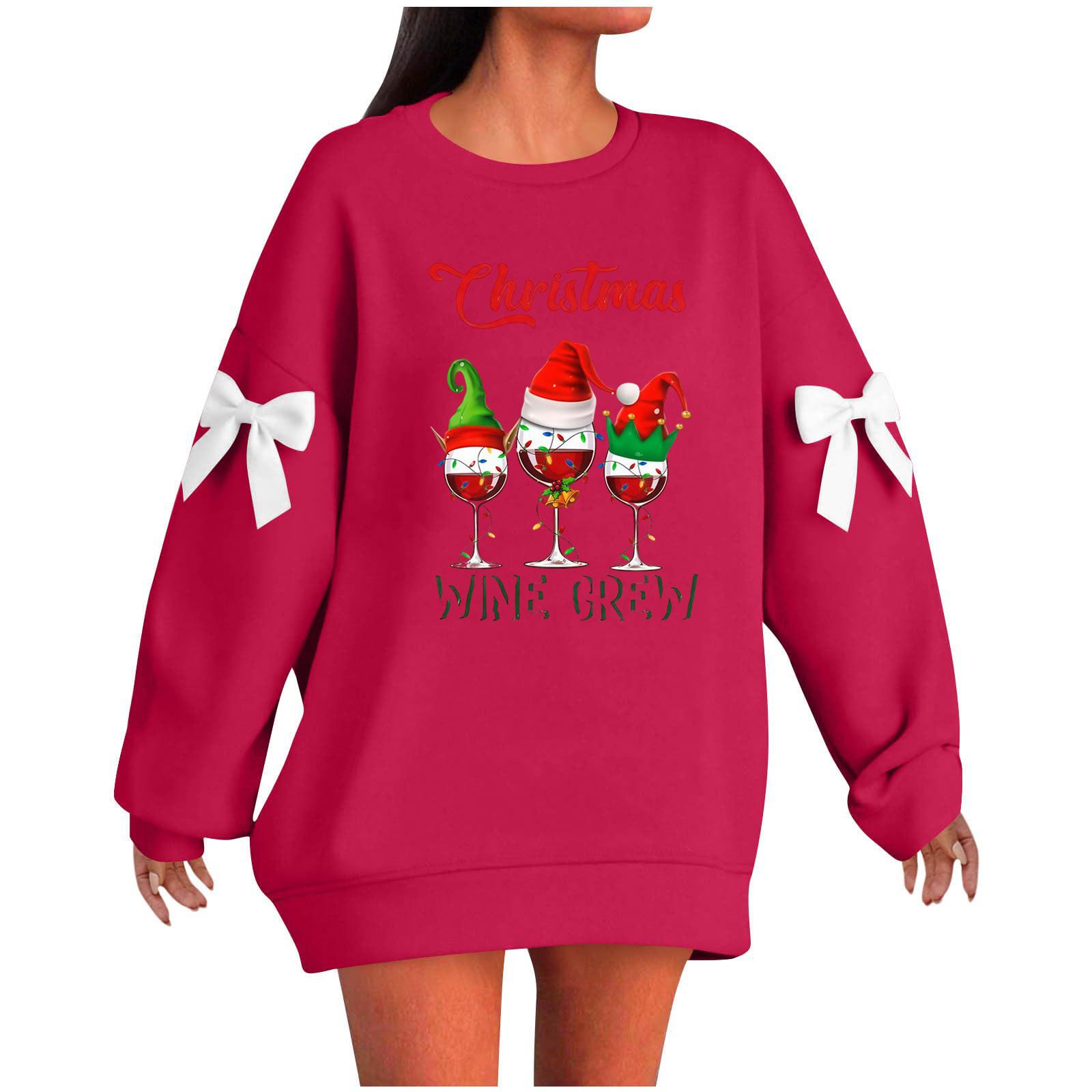 

Ladies Christmas Printed Bow Round Neck Long Sleeved Loose Pullover Sweater Sweatshirt Top L