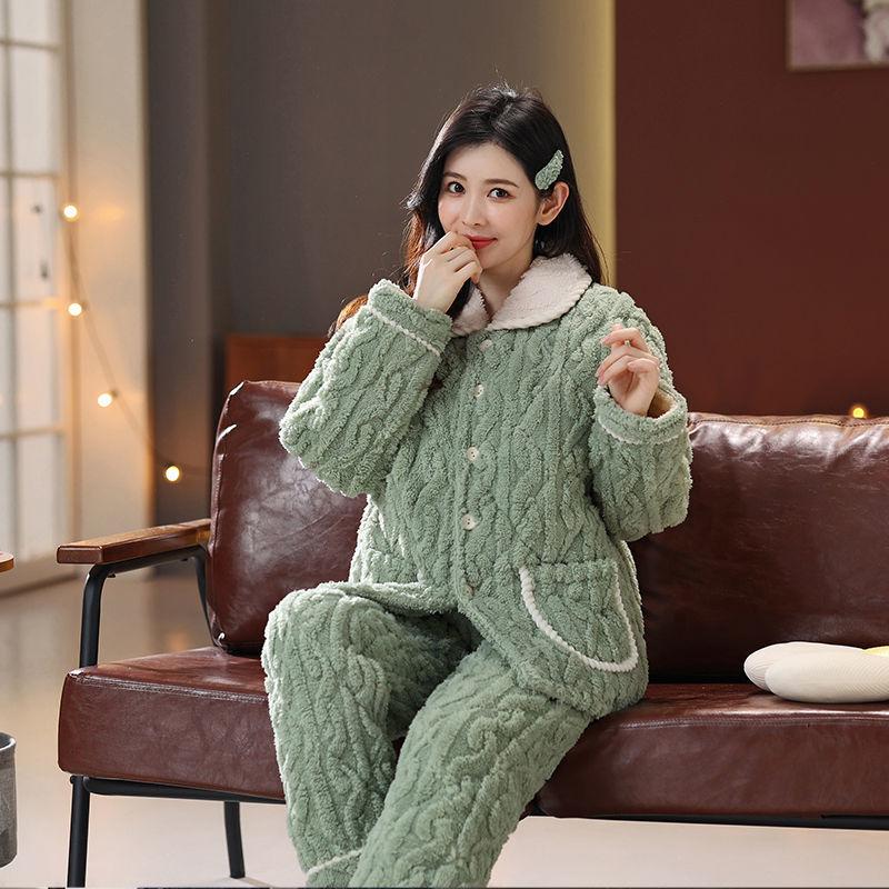 Pajamas women's three-layer thickened and cute winter can wear large-size warm padded loungewear