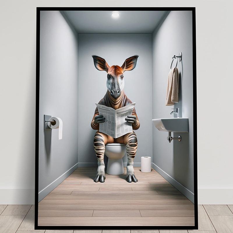 Animal Reading The Newspaper On The Toilet Posters and Prints Canvas Printing Wall Art Picture for Living Room Home Decoration