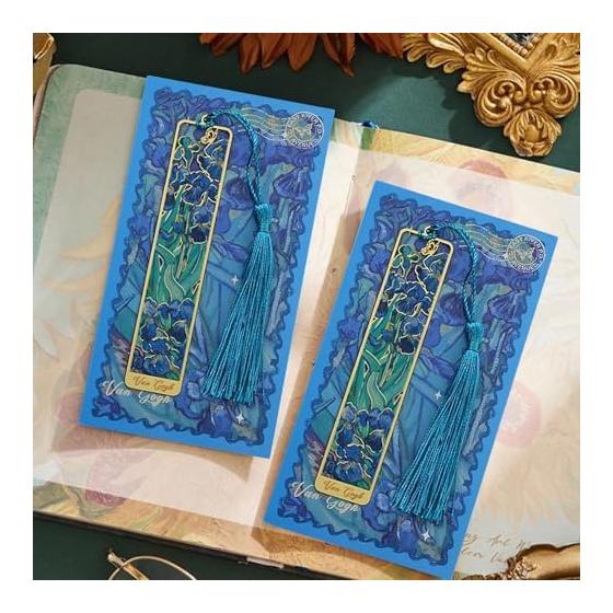 Elegant Hollow Trim Metal Bookmark with Iris Flower Design, Delicate Laser Carving and Color Painting, Retro Tassel Page Marker for Women, Girls,