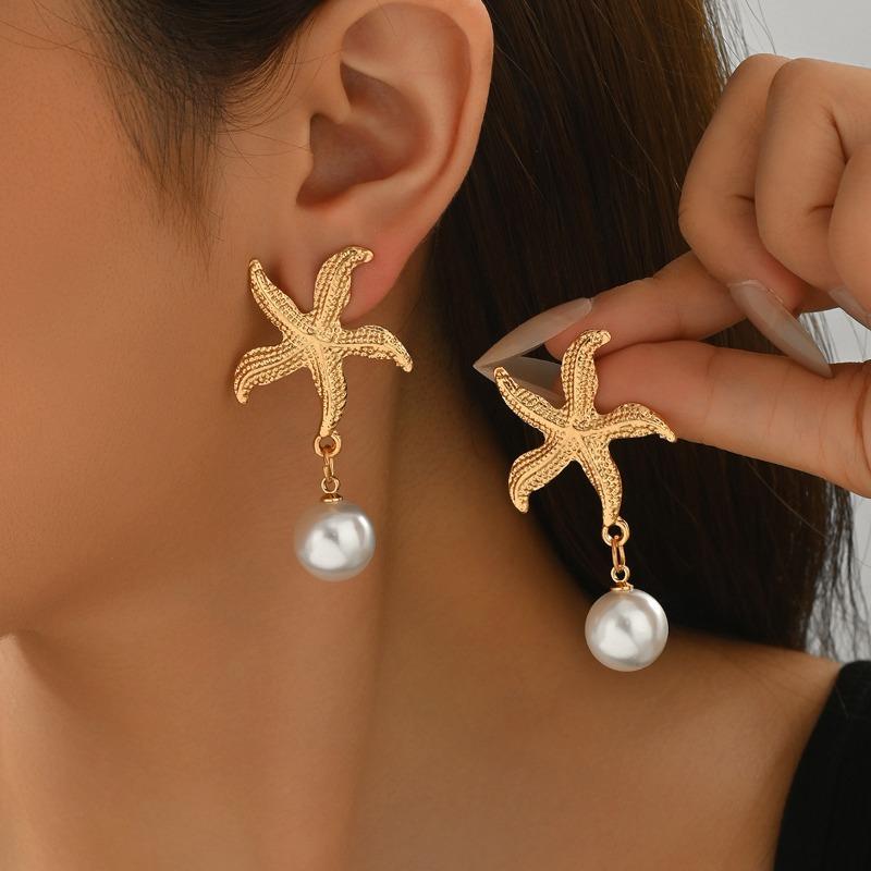 

Серьги с искусственным жемчугом, в отпускном стиле, с подвеской в виде морской звезды, женские, легкие, роскошные, серьги-пусеты