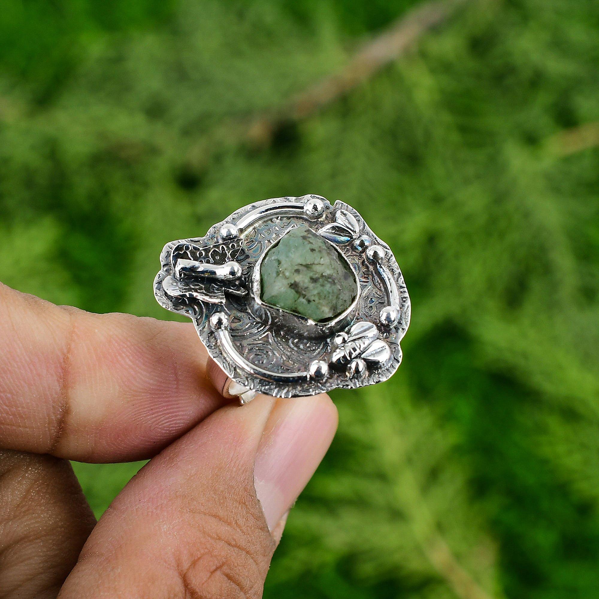 

Сделка ко Дню матери Хризопраз Необработанный камень Кольцо с безелем-обещанием Серебро 925 пробы Adjustable