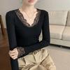 Women's Lace Splicing U-neck Slim-fit Ribbed Long Sleeve Base Layer Top for Autumn/Winter